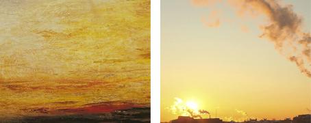 Vasemmalla auringonlaskua esittävä malaaus, jossa oranssin ja keltaisen sävyjä ja päällä haaleilla viivoilla piirrettyjä kuvioita. Oikealla auringonlaskun värjäämä taivas, alareunassa tehdas/tehtaita joiden savupiipuista tulee savua.