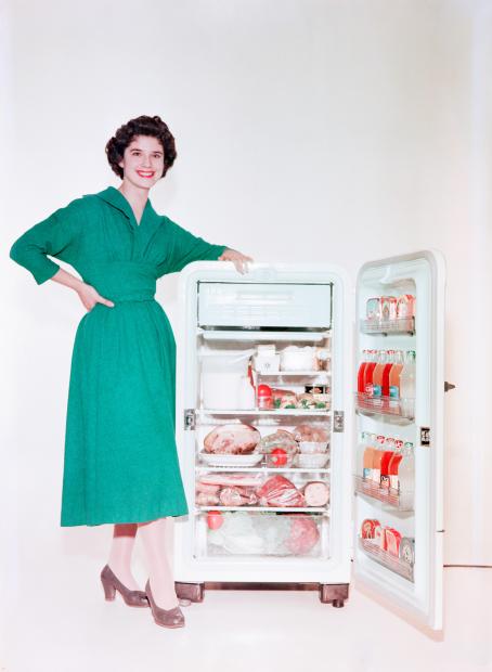 Nainen vihreässä mekossa seisoo häntä lyhyemmän jääkaapin vieressä nojaten siihen. Jääkaapin ovi on auki, ja se on täynnä ruokaa.