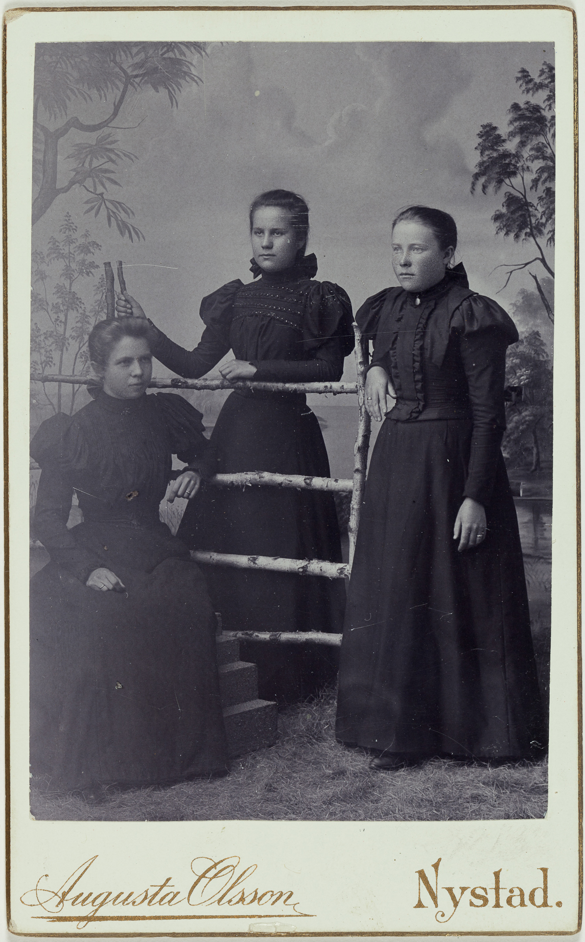 Naiset nojailevat koivuaitaan, mutta kaikki fondin puista eivät näytä yhtä kotimaisilta. Kuva: Augusta Olsson, 1898, visiittikortti. Suomen valokuvataiteen museo. D2003:3/16