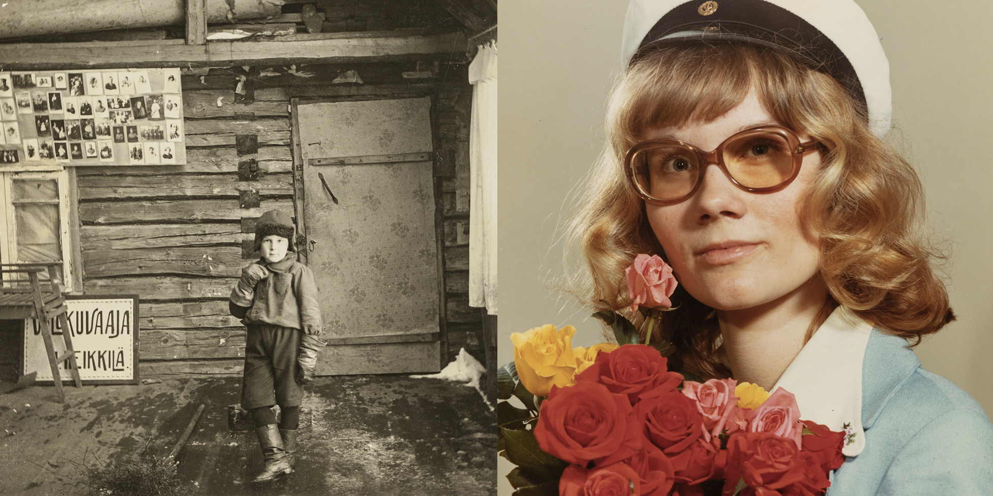 Two images: a boy in a simple studio setting and a portrait of a lady with roses.