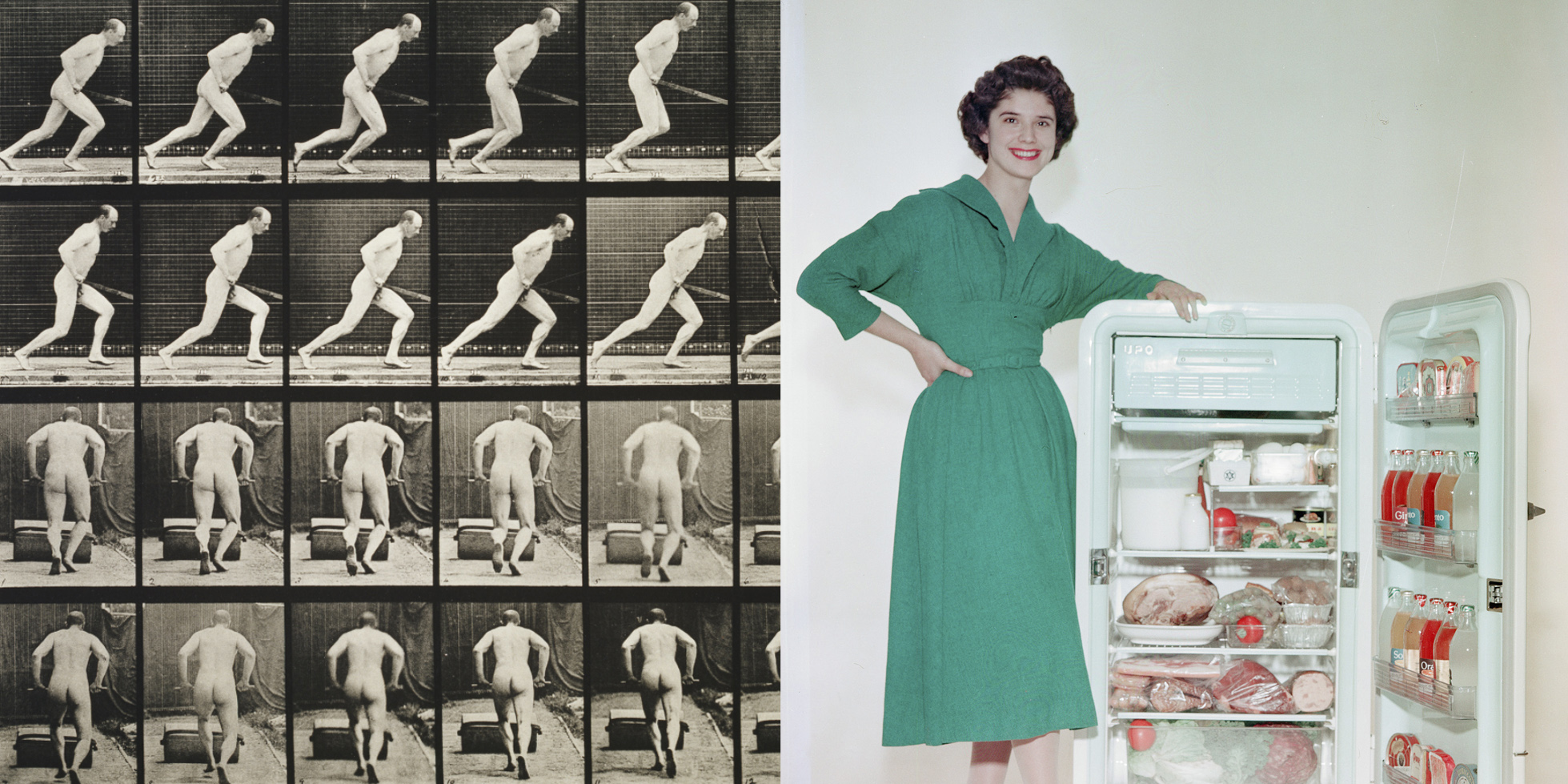 Kuvasarja miehestä liikkeessä ja vanha mainoskuva, jossa nainen seisoo hymyillen avoimen jääkaapin vieressä.