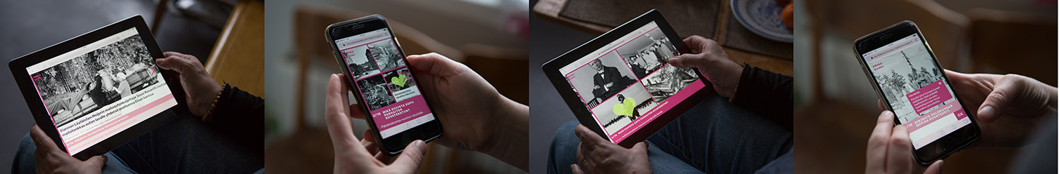 Neljä kuvaa vierekkäin. Kaikissa kädet pitelevät joko älypuhelinta tai tablettia, jolla on auki Arvaa kuva-peli.