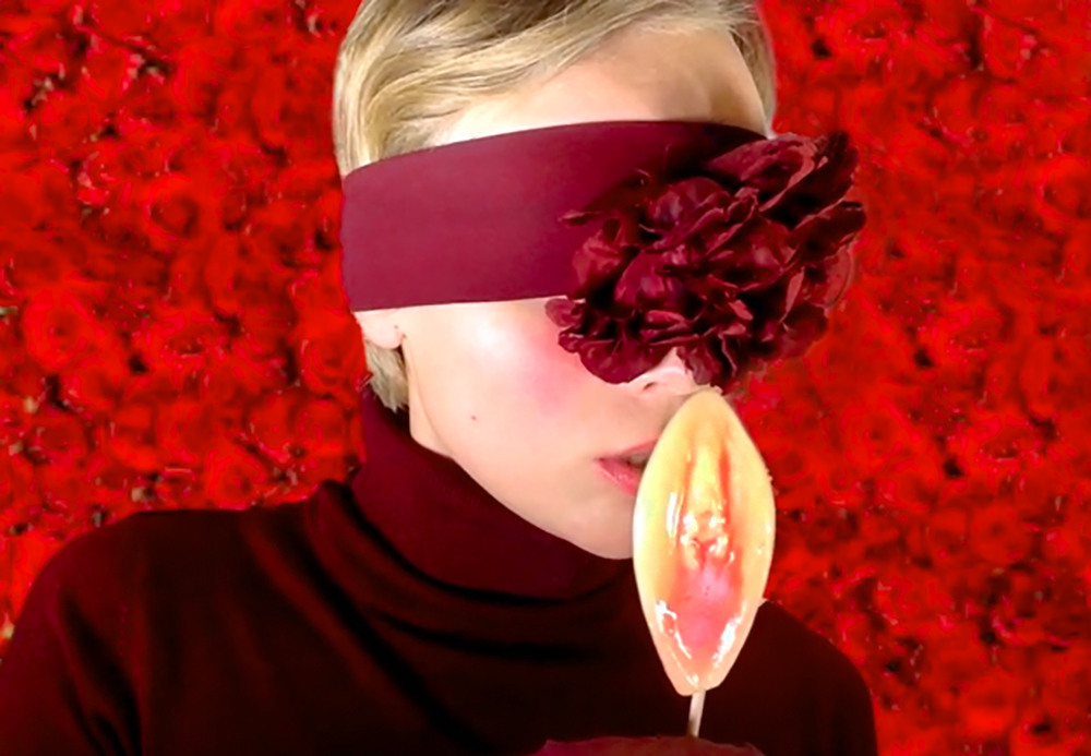 Nainen (Munalissu) punaisessa poolopaidassa silmillään punainen side, jossa on silmien kohdalla iso punainen kukka. Taustalla on punaisia ruusuja. Naisen suun edessä on sukupuolielimen muotoinen tikkari. 