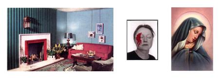 Kolme kuvaa. Vasemmanpuoleisessa osa huoneesta, jonka yhdellä seinällä on sohva ja toisella takka. Keskimmäisessä mustavalkoinen kuva henkilöstä jonka kasvoilla punainen läikkä. Oikealla ikoni.