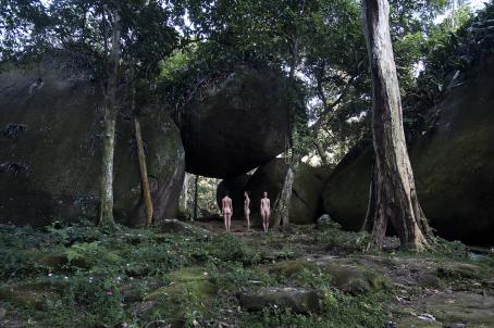 Metsässä seisoo vierekkäin kolme alastonta naista. Yksi on selin, yksi sivuttain ja yksi kasvot kameraan päin. Maassa kasvaa erilaisia kasveja, pari puuta ja naisten takana on iso kivi, joka on muiden isojen kivien päällä niin, että sen alta pääsee kulkemaan. 