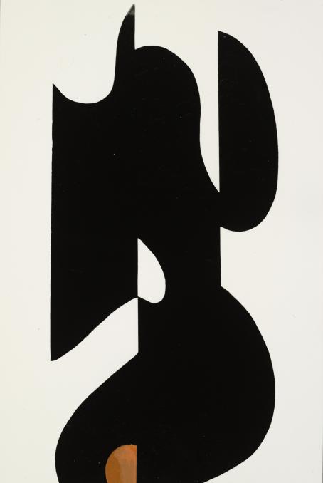 Juhani Riekkola, sarjasta Muotoja, 1963. Kollaasi, hopeagelatiinivedos. Suomen valokuvataiteen museo, D2014:16/1. Musta kaksiulotteinen muoto, jossa on erilaisia ulokkeita. Alareunassa muodon sisällä on vaaleanruskea puoliympyrän muoto.