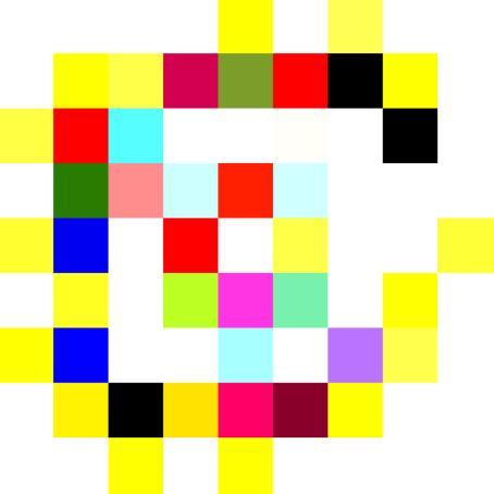 Valkoisella pohjalla pieniä neliöitä, kuin pikseleitä. Suurin osa on keltaisia, myös muunvärisiä.