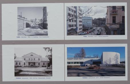 Näyttelyssä olevat kaksi kuvaparia. Ylemmässä on näkymä Turun Matinkadulta vuosina 1960 ja 2017, alemmassa Tuusulasta vuosilta 1933 ja 2017.