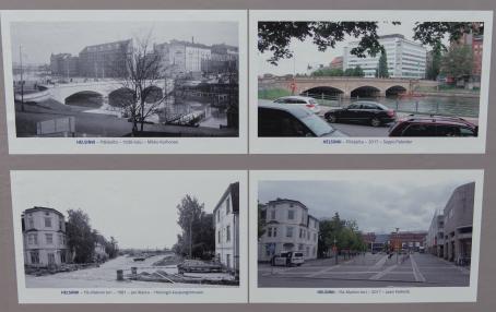 Näyttelyssä olevat kaksi kuvaparia. Ylemmässä on Helsingin Pitkäsilta 1930-luvulla ja vuonna 2017. Alemmassa on Ylä-Malmin tori vuosina 1981 ja 2017.