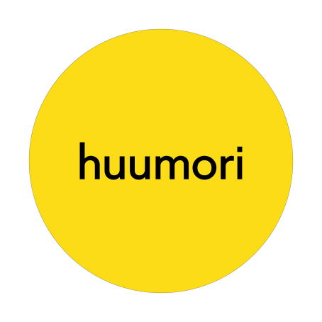 Keltaisen ympyrän sisällä lukee mustalla "huumori".