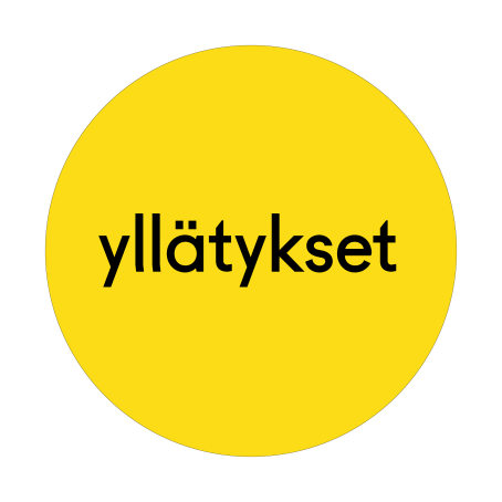 Keltaisen ympyrän sisällä lukee mustalla "yllätykset". 