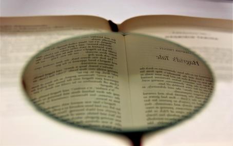 Kirja on auki tasolla, mutta sen teksti näkyy epäterävänä. Keskellä kirjan päällä on pyöreä peili, josta heijastuu toisen kirjan teksti peilikuvana. Peilissä voi erottaa sanat "Chapter twenty - Hagrid's tale".