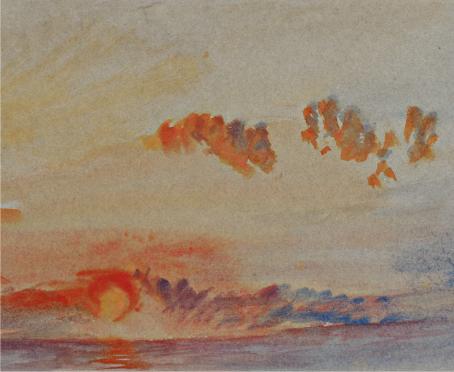 Auringonlaskua esittävä maalaus. Alhaalla voi erottaa auringon heijastuksen vedessä. Taivaalla on oransseja pilviä, joista voi erottaa siveltimenvedot. 
