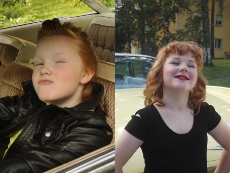 Kaksi kuvaa vierekkäin. Toisessa kuvassa autossa istuu lapsi jolla on lyhyet hiukset ja nahkatakki. Toisessa kuvassa auton edessä seisoo lapsi, jolla on musta paita, pitkät hiukset ja meikkiä.