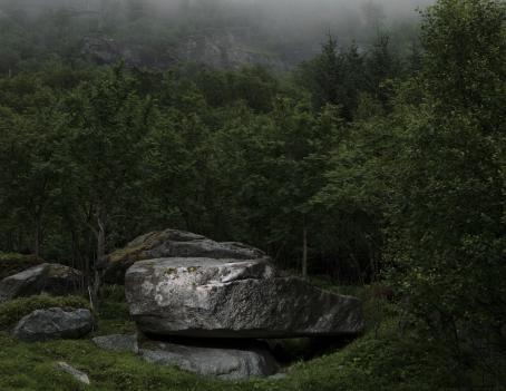 Tummanpuhuva maisema, jonka keskellä on isoja siirtolohkareita ja niiden ympärillä vihreää metsää. Taaempana näkyy kallioseinämää.