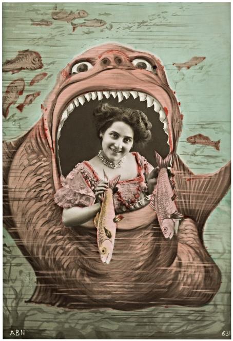 Iso kala tai hirviö jonka suu on auki, suussa on nainen joka pitää käsissään kahta kalaa.