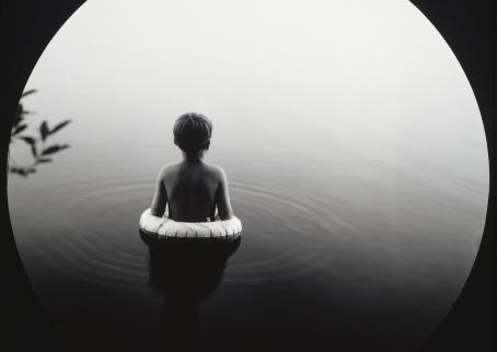 Mustavalkoisessa kuvassa lapsi uimarenkaan kanssa tyynessä vedessä. 
