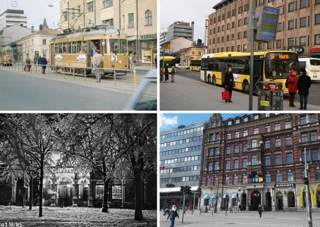 Neljän kuvan kollaasi. Ylhäällä vasemmalla vanhassa kuvassa haaleankeltainen raitiovaunu 3 on pysähtynyt pysäkille. Sen takana tulee ratikka 2. Oikeassa olevassa kuvassa on keltainen bussi numero 56 pysäkillä. Takana näkyy samat rakennukset kuin edellisessäkin kuvassa. Alhaalla vasemmalla on mustavalkoinen kuva, jossa lumisten puiden takana näkyy rakennus, jossa lukee luultavasti Capitol. Oikealla puolella olevassa kuvassa on Forum-kauppakeskus.